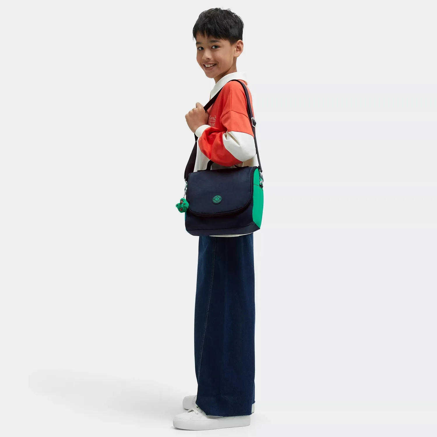 Kipling New Kichirou lunchtas Groot Blue Green Block trolleybevestiging