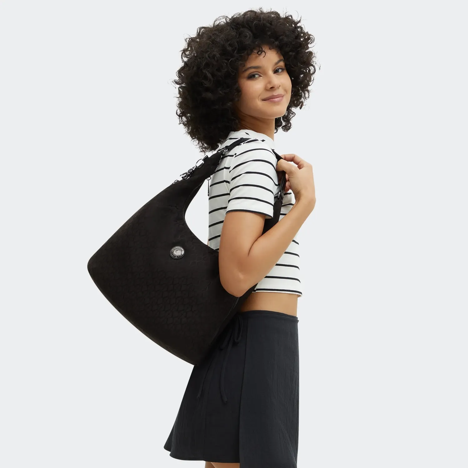 Kipling Eanna Zip schoudertas black sign jacquard A4