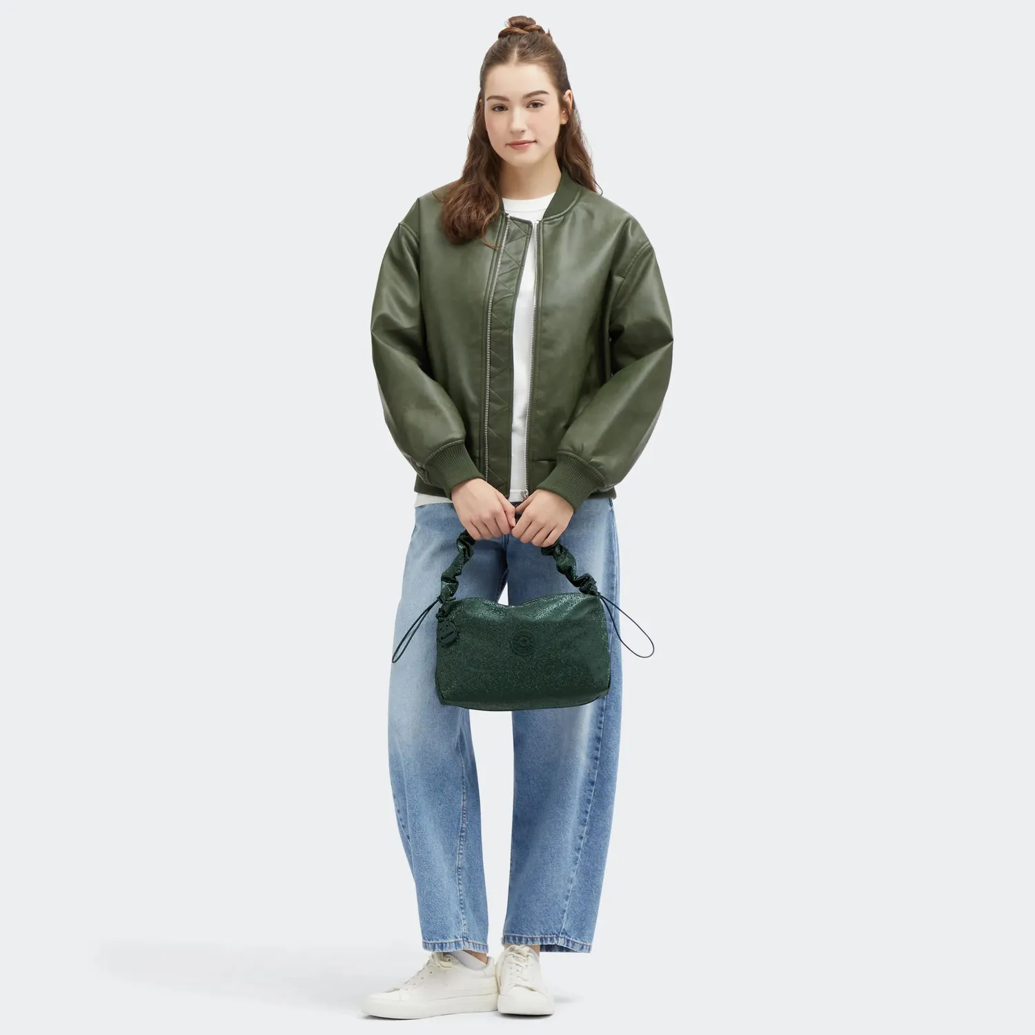 Kipling Eleni M schoudertas Shiny Pixel Green glans