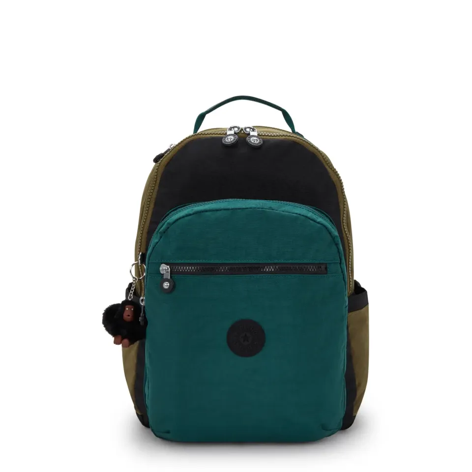 Kipling Seoul rugzak Groot Black Khaki Block school laptop