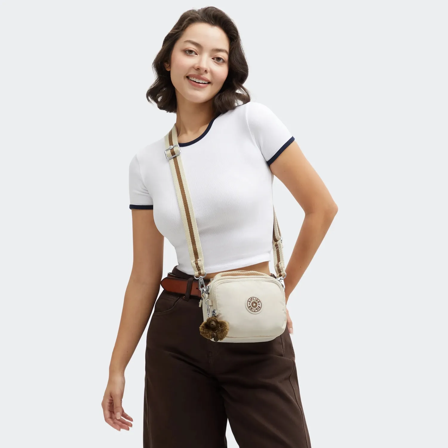 Kipling Cahir crossbody Soft Sand klein met ritsvakken