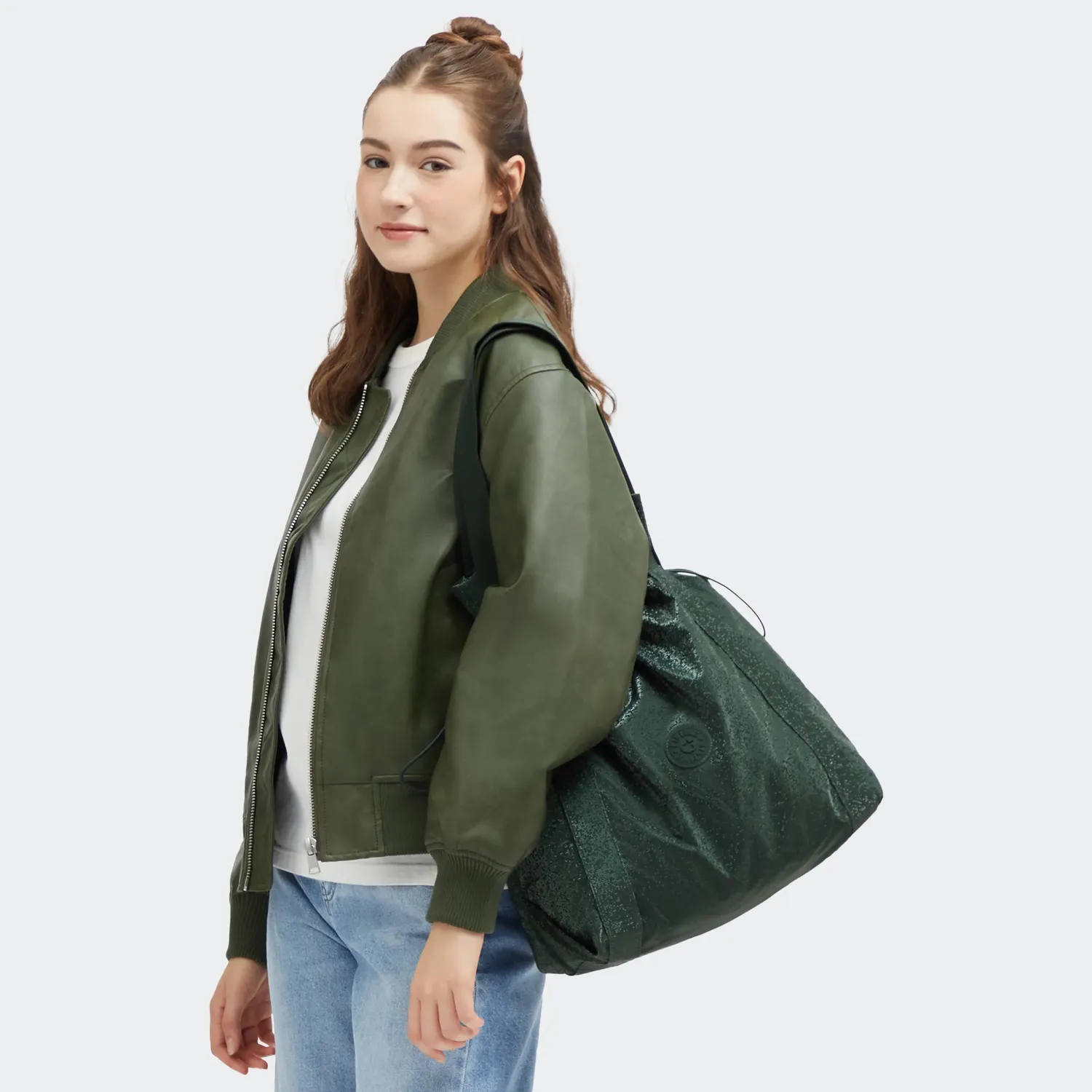 Kipling Elmar schoudertas Medium Shiny Pixel Green A4