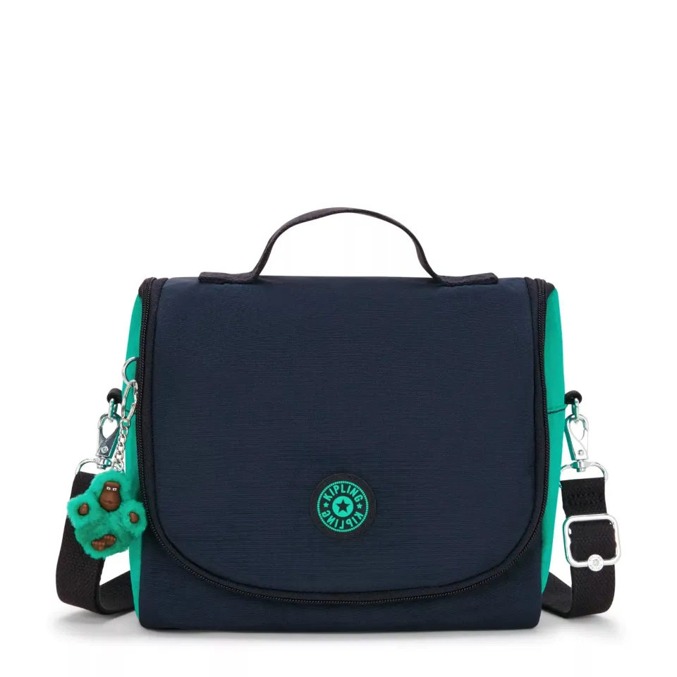 Kipling New Kichirou lunchtas Groot Blue Green Block trolleybevestiging